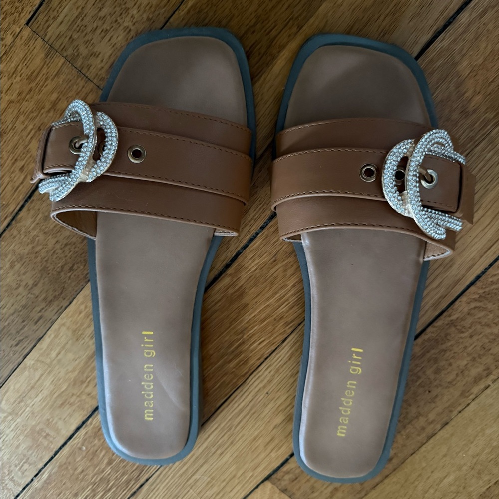 Madden Girl Tan Slide Sandals with Silver Buckle